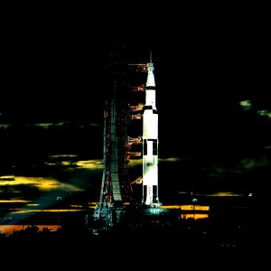 Apollo 17 Saturn V during sunrise (edited).