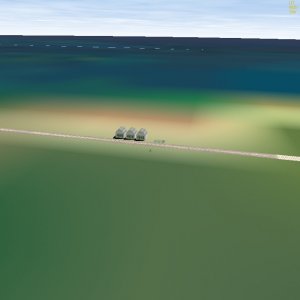 Slightly zoomed out view, showing the three hangars. Scaled up from their real life counterparts. The real life strip is actually surrounded by wooded