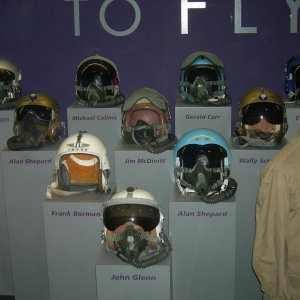 Various helmets used by astronauts throughout the year