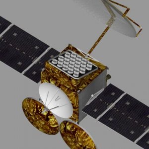View of the reflectors of the API-110 (L7-97803/LTDRSS) prototype satellite bus. On top is a main transmit feed array for a 6.5m deploying reflector; 