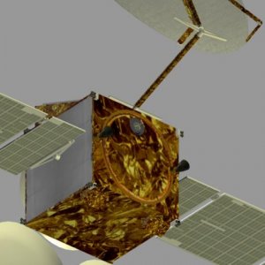 Back view of the API-110 (L7-97803/LTDRSS) prototype satellite bus.
The main UDMH/N204 thrusters are present, which are responsible for lunar orbit in