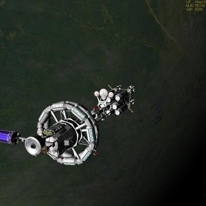Descartes class space ship 'Adam Smith' docked with PreFab Station 'Eclipse' for... hm... refueling.
