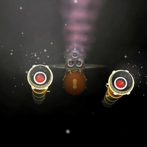 SRB SEP! The 2 solid rocket boosters have depleted all their solid fuel and separated from the orbiter while the 3 SSMEs are still throttoling at 104%