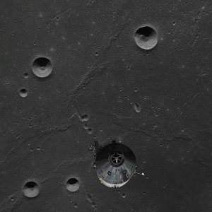 Apollo 11 CSM Columbia flying over Dorsum Cayeux, (Mare Fecunditatis) prior to the SEP burn away from Eagle. AMSO/Orbiter 2016.