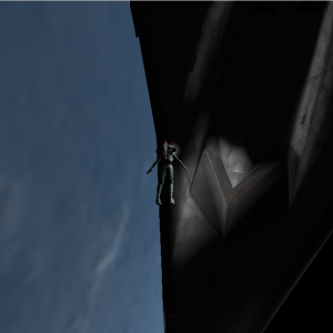 Commander Lee Nash performing EVA to asses condition of the XR2 following launch and orbit insertion.