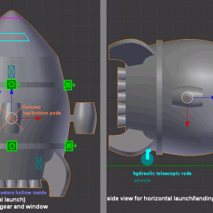 The 2nd version model by Robsoie in Blender annotated with modifications done, some to be done for a second "shuttle" version.

The "tailsitter" model