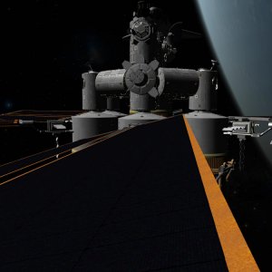 Servicing a solar panel on orbital outpost 1.