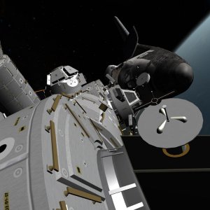 Returning to airlock after routine maintenance to a PMA. Took this photo of the Space Shuttle Atlantis on her resupply mission to outpost 1.