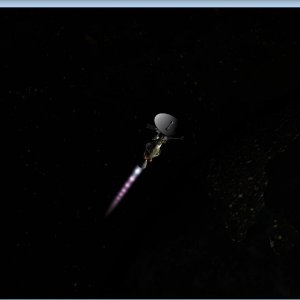 Departure burn of the IFP Navigator probe atop the Delta II second stage used as teh third, "kick" stage of the ETS Themis-Sirius launch vehicle.